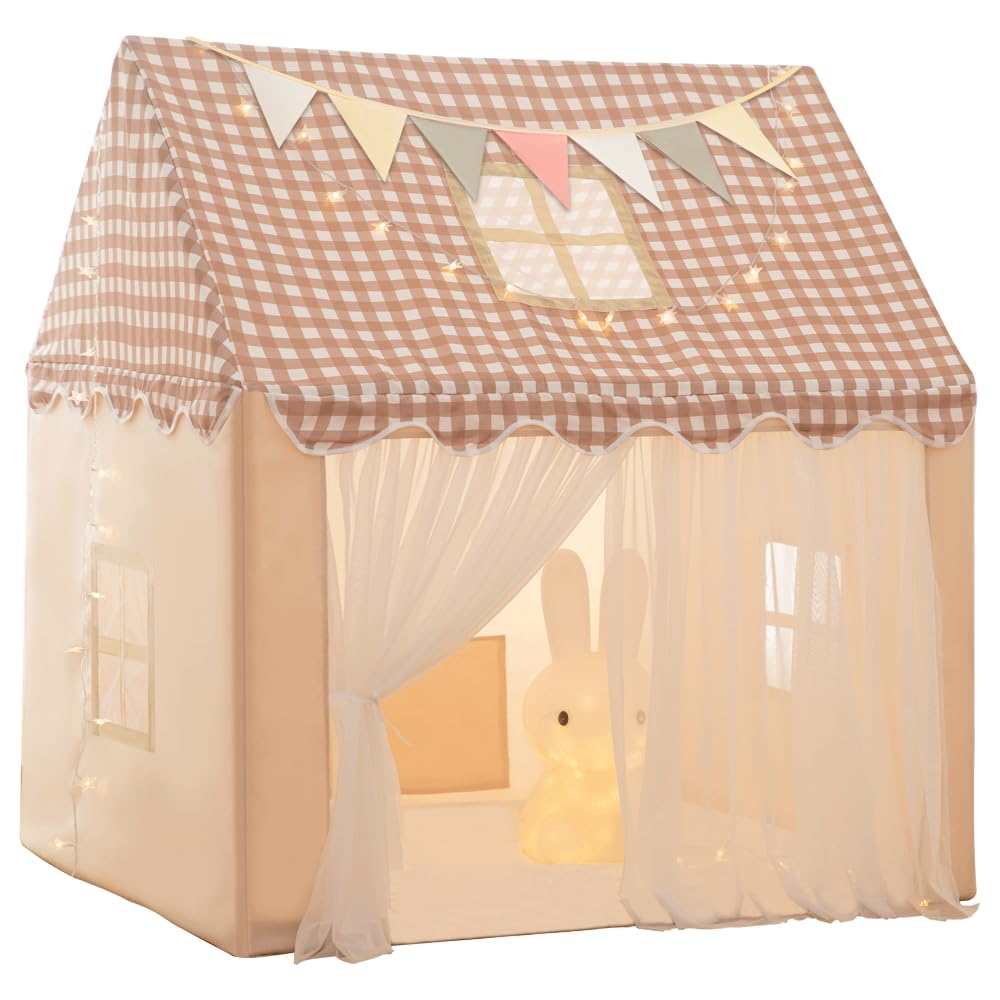 Large Kids Tent Playhouse with Star Lights & Flags for Boys & Girls, Indoor & Outdoor, Washable Mat with Tote Bags