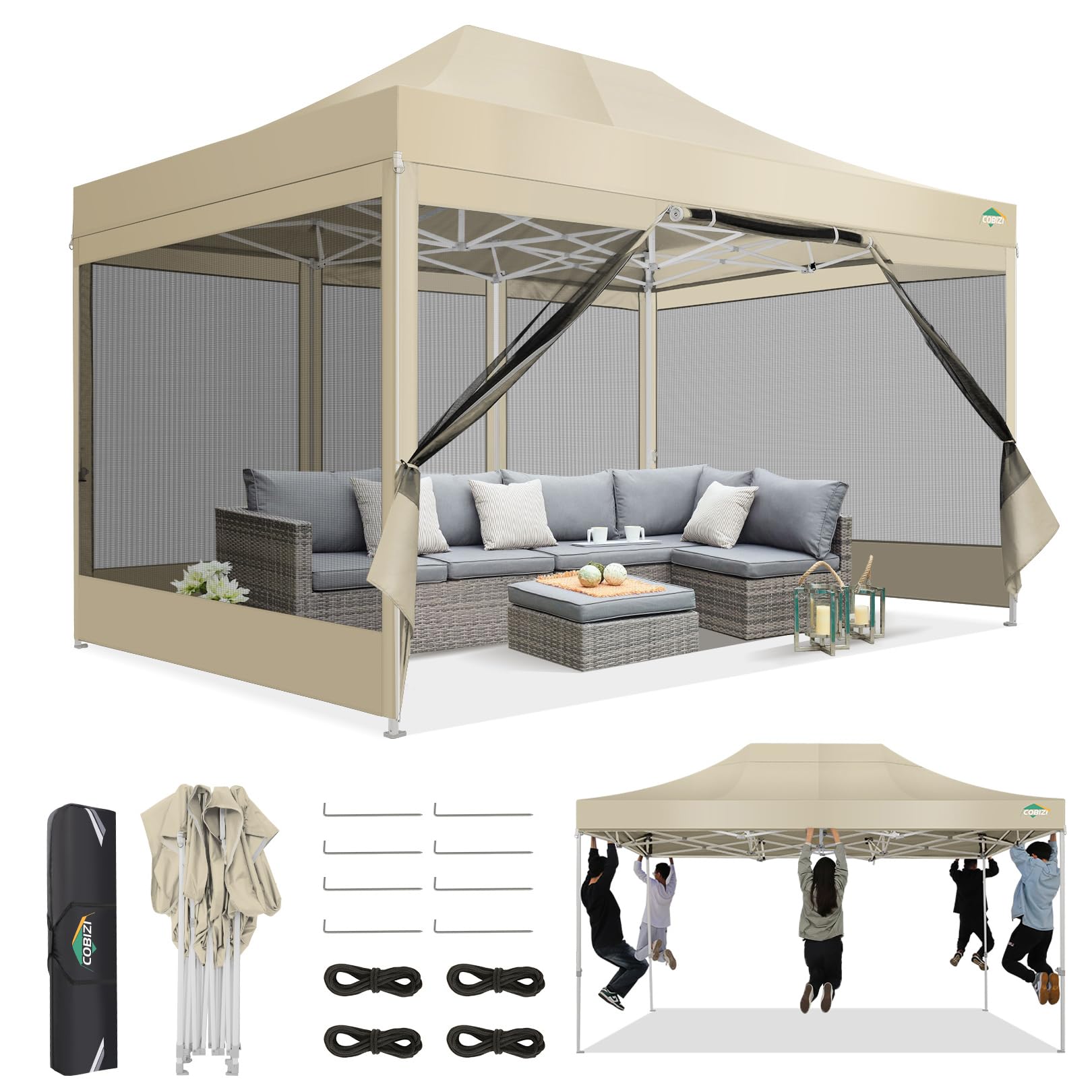 COBIZI Heavy Duty Pop up Canopy Tent, Khaki for Parties and Weddings
| COBIZI Waterproof 10x15 Canopy with Mosquito Net